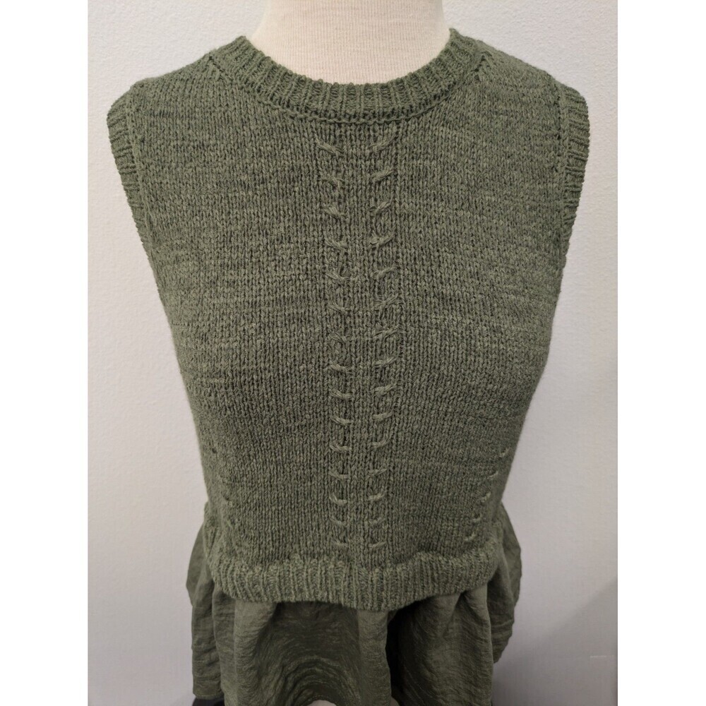 Simply Vera Wang Olive Green Layered Open Knit Sweater Peplum Top sz S Hipster - Picture 3 of 7